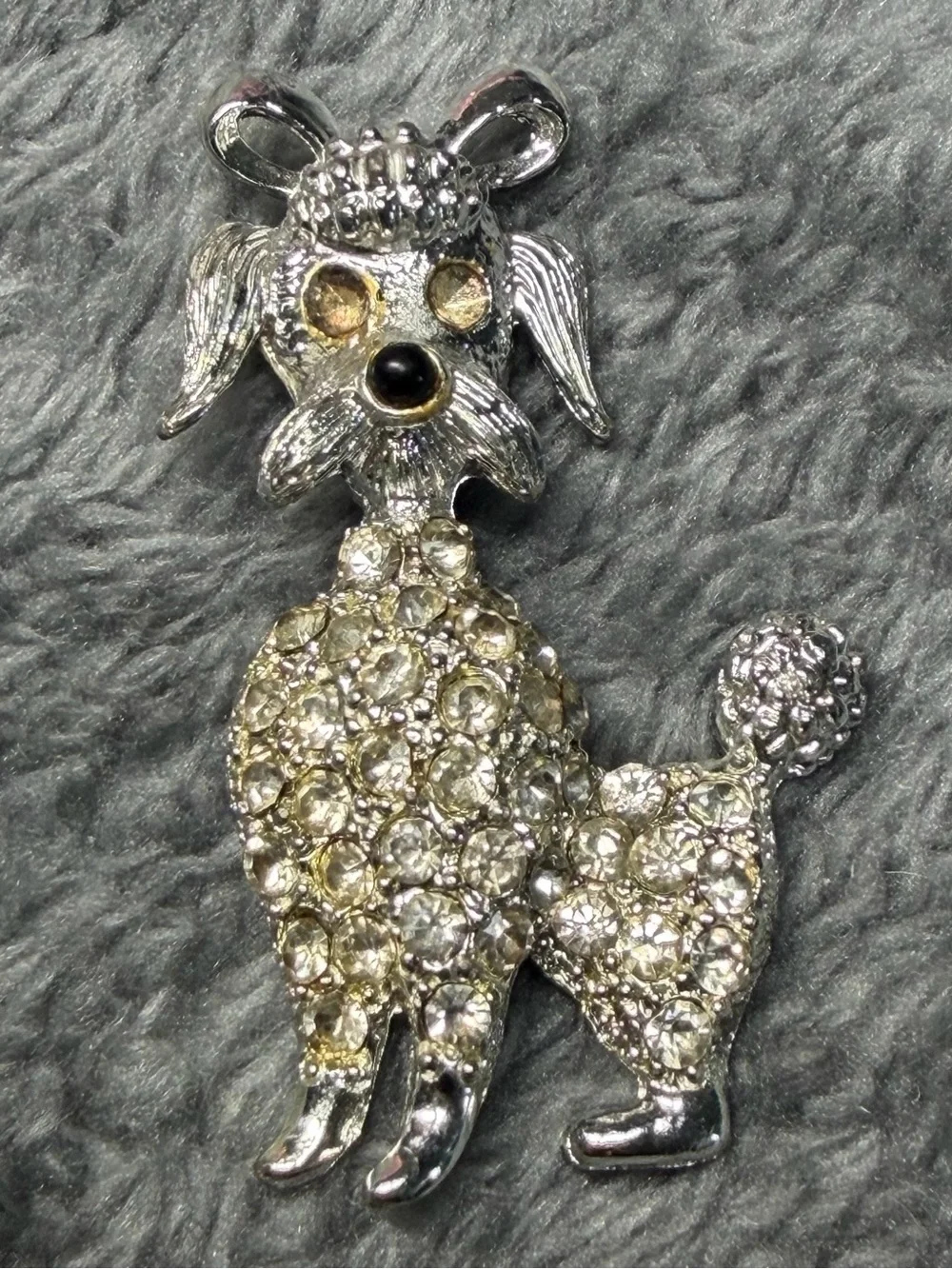 Silver Tone Rhinestone Poodle Dog Brooch Pin - Silver